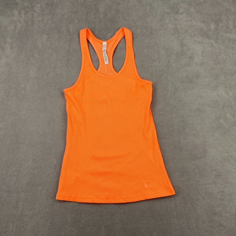 Under Armour HeatGear Fitted Tank Top Womens M Orange Ribbed Racerback Workout